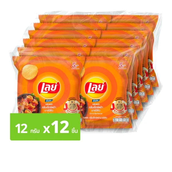 เลย์ ร็อค มันฝรั่งแท้ทอดกรอบแผ่นหยัก กลิ่นเอ็กซ์ตร้า บาร์บีคิว 12 ก. แพ็ค 12